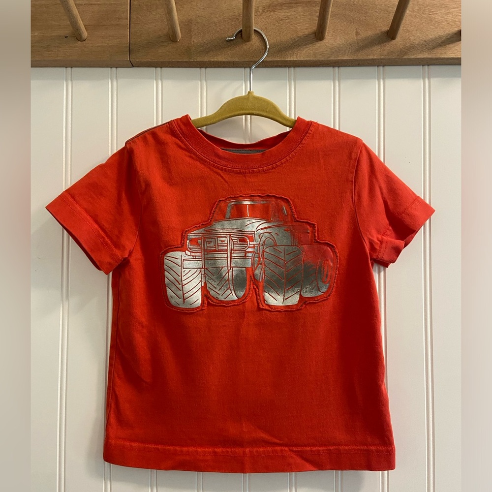 Hanna Andersson Short Sleeve Tee Shirt Red Orange Monster Truck Cotton 80 18-24m